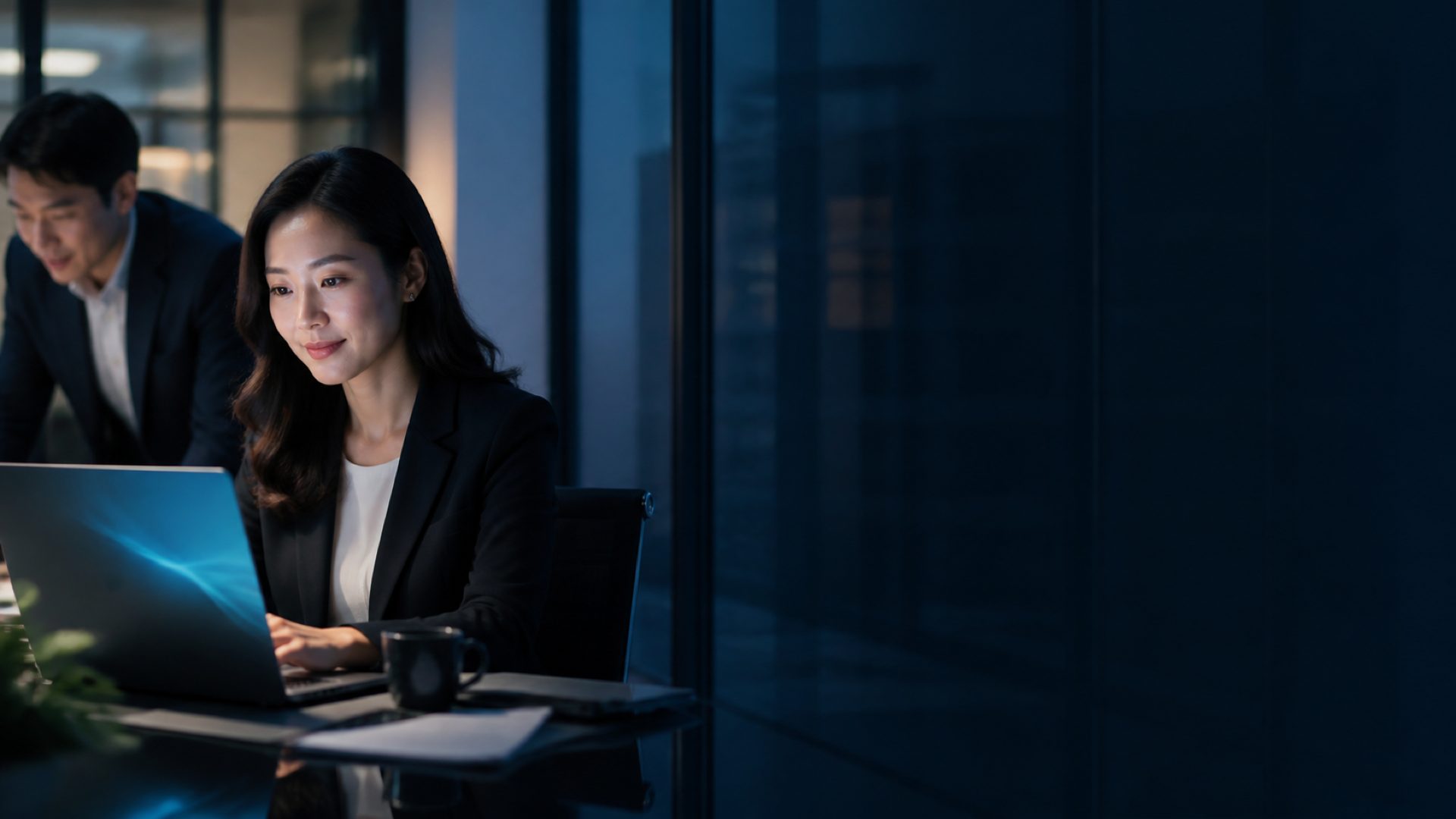 企業數位轉型——夜間辦公室裡，主管在筆電前檢視營運數據，同事在旁協作